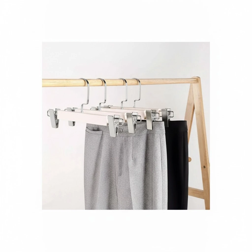 Beyaz Ahşap Mandallı Pantolon Askısı Etek Askısı Özel Seri Gümüş Lama Kancalı