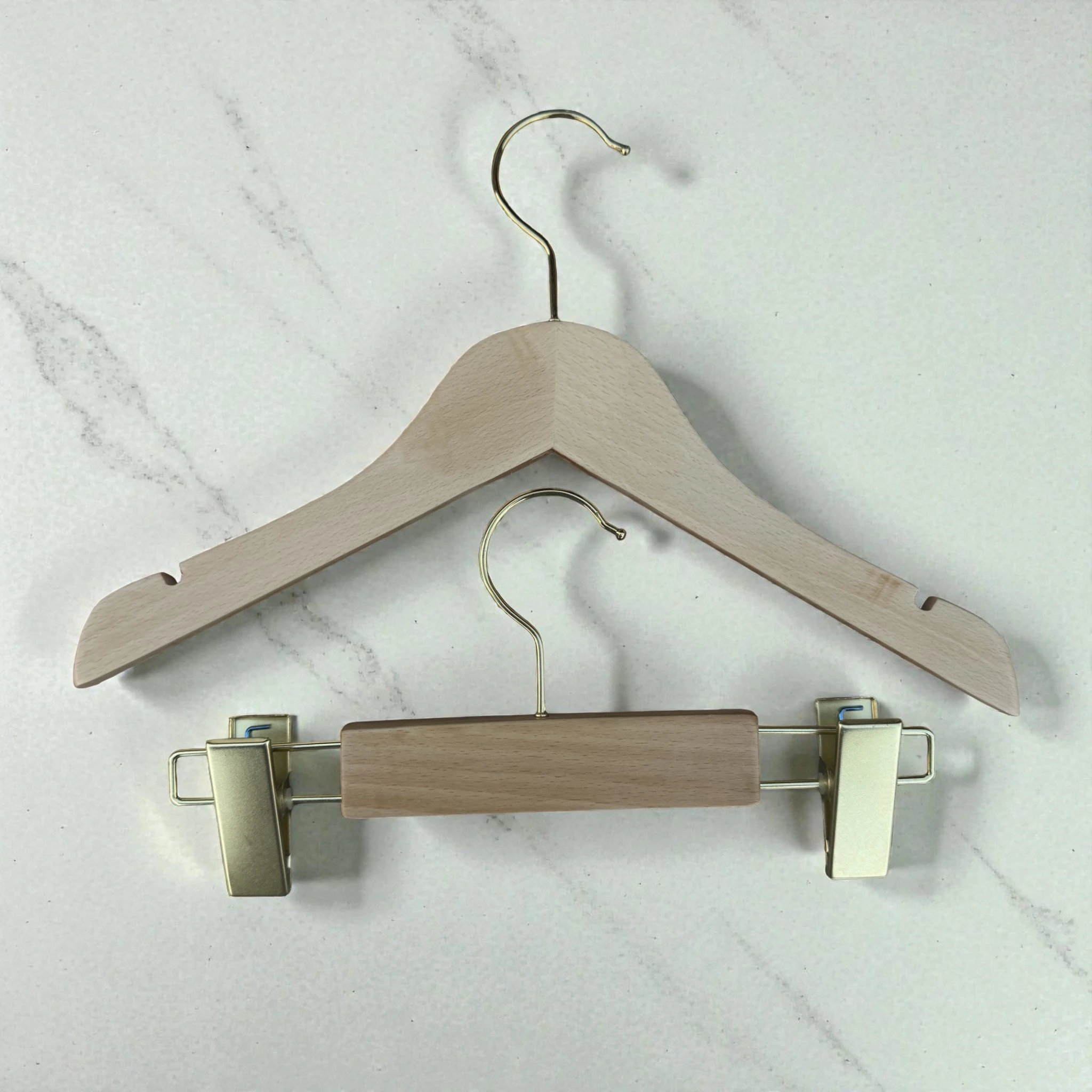 Naturel Ahşap Bebek & Çocuk Elbise ve Pantolon Askı Seti Gold Standart Kanca