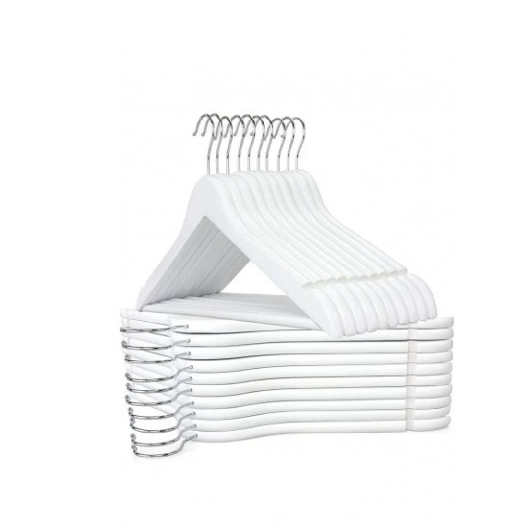 Beyaz Ahşap Elbise Pantolon Askısı Klasik Gümüş Kanca