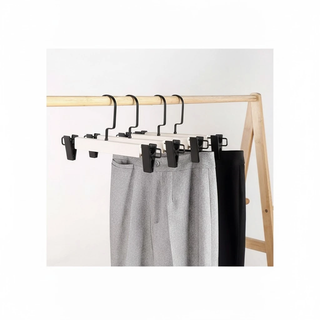 Beyaz Ahşap Mandallı Pantolon Askısı Etek Askısı Özel Seri Siyah Lama Kancalı