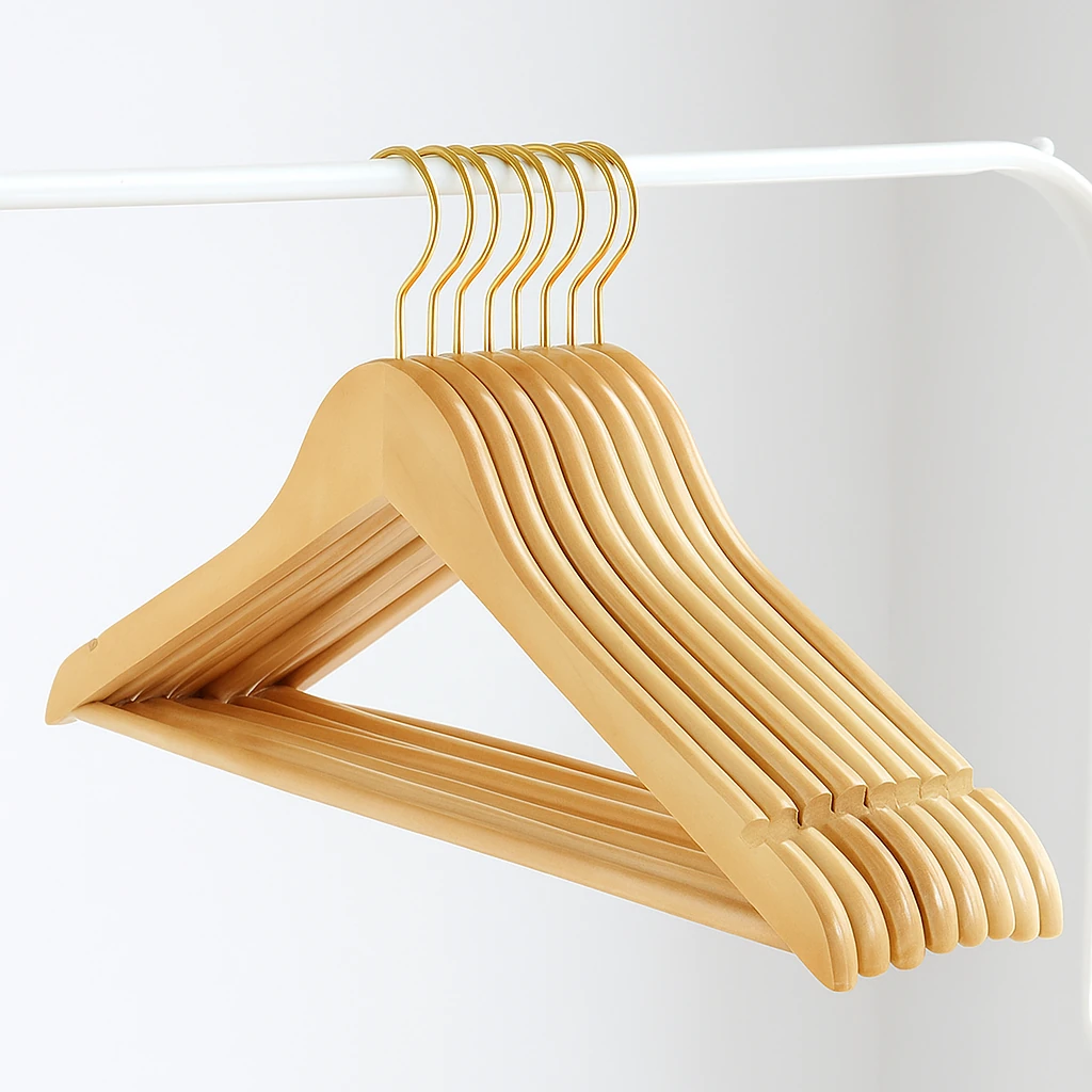 Naturel Ahşap Elbise ve Pantolon Askısı Klasik Gold Kanca