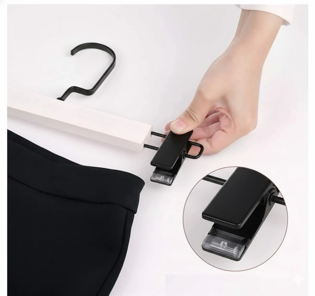 Beyaz Ahşap Mandallı Pantolon Askısı Etek Askısı Özel Seri Siyah Lama Kancalı