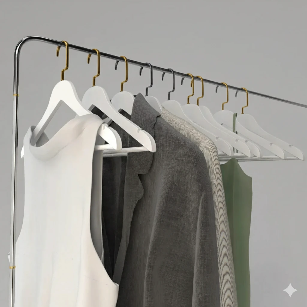 Beyaz Ahşap Gold Lama Kancalı Elbise Pantolon Askısı