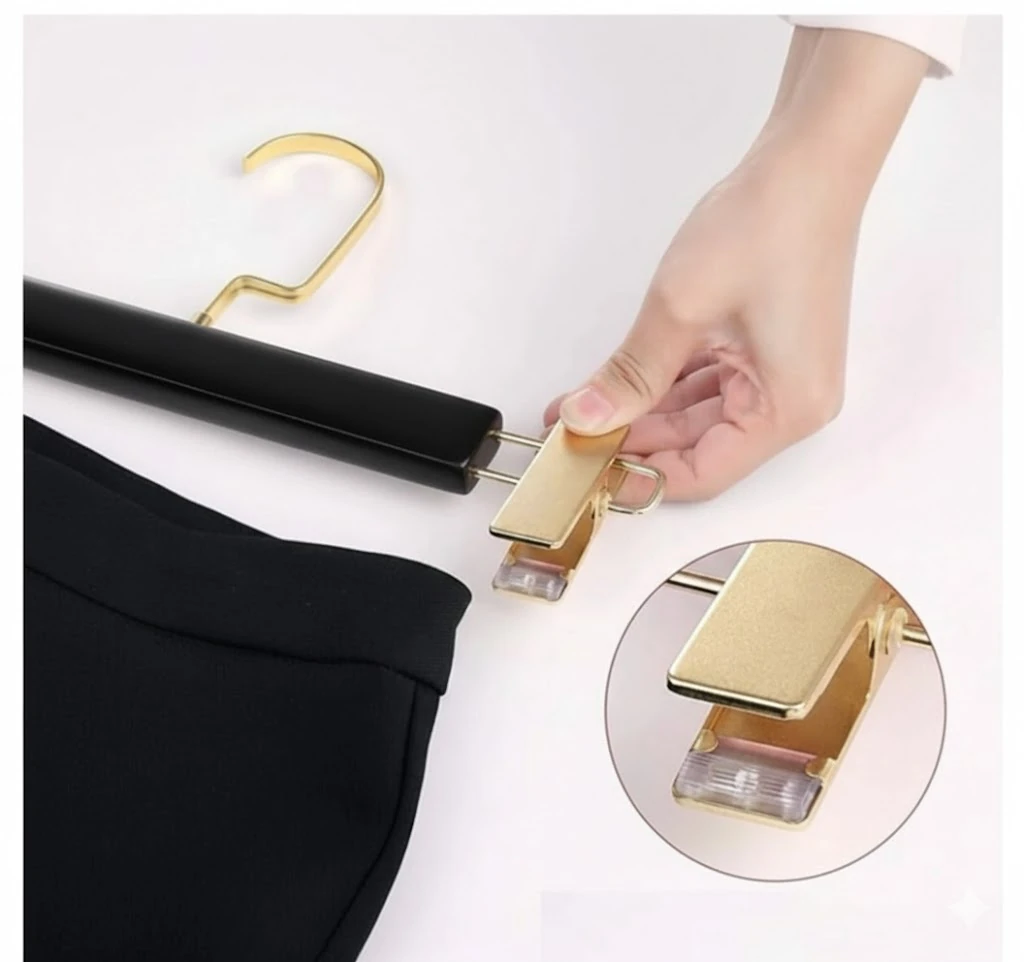 Siyah Ahşap Mandallı Pantolon Askısı Etek Askısı Özel Seri Gold Lama Kancalı