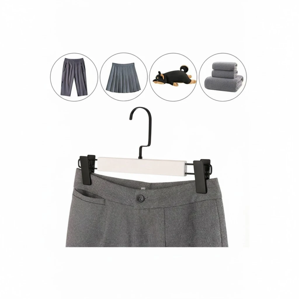 Beyaz Ahşap Mandallı Pantolon Askısı Etek Askısı Özel Seri Siyah Lama Kancalı