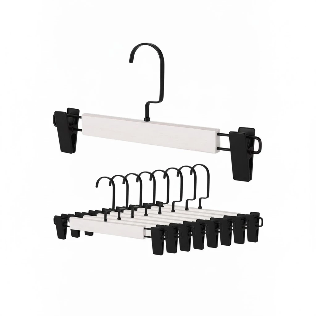 Beyaz Ahşap Mandallı Pantolon Askısı Etek Askısı Özel Seri Siyah Lama Kancalı