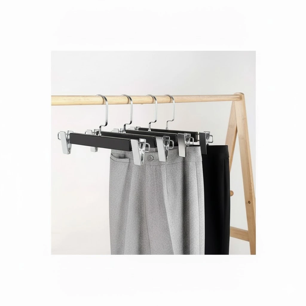 Siyah Ahşap Mandallı Pantolon Askısı Etek Askısı Özel Seri Gümüş Lama Kancalı