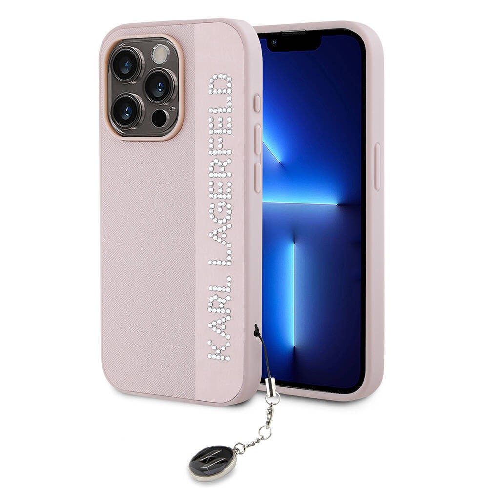 Apple iPhone 15 Pro Kılıf Karl Lagerfeld Orjinal Lisanslı Anahtarlıklı Taşlı KL Yazılı Saffiano Rhinestones Kapak