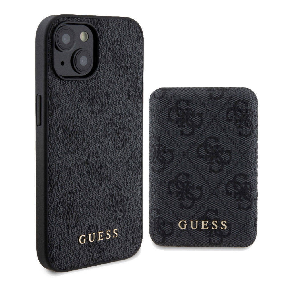 Apple iPhone 15 Kılıf Guess Orjinal Lisanslı Magsafe Şarj Özellikli Yazı Logolu 4G Desenli Kapak + Powerbank 5000mAh 2in1 Set