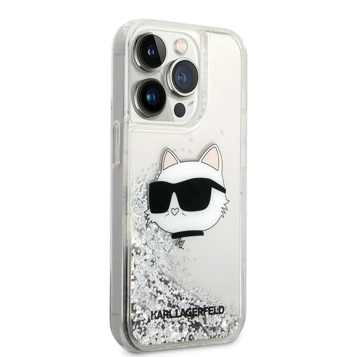 Apple iPhone 14 Pro Max Kılıf Karl Lagerfeld Sıvılı Simli Choupette Head Dizayn Kapak