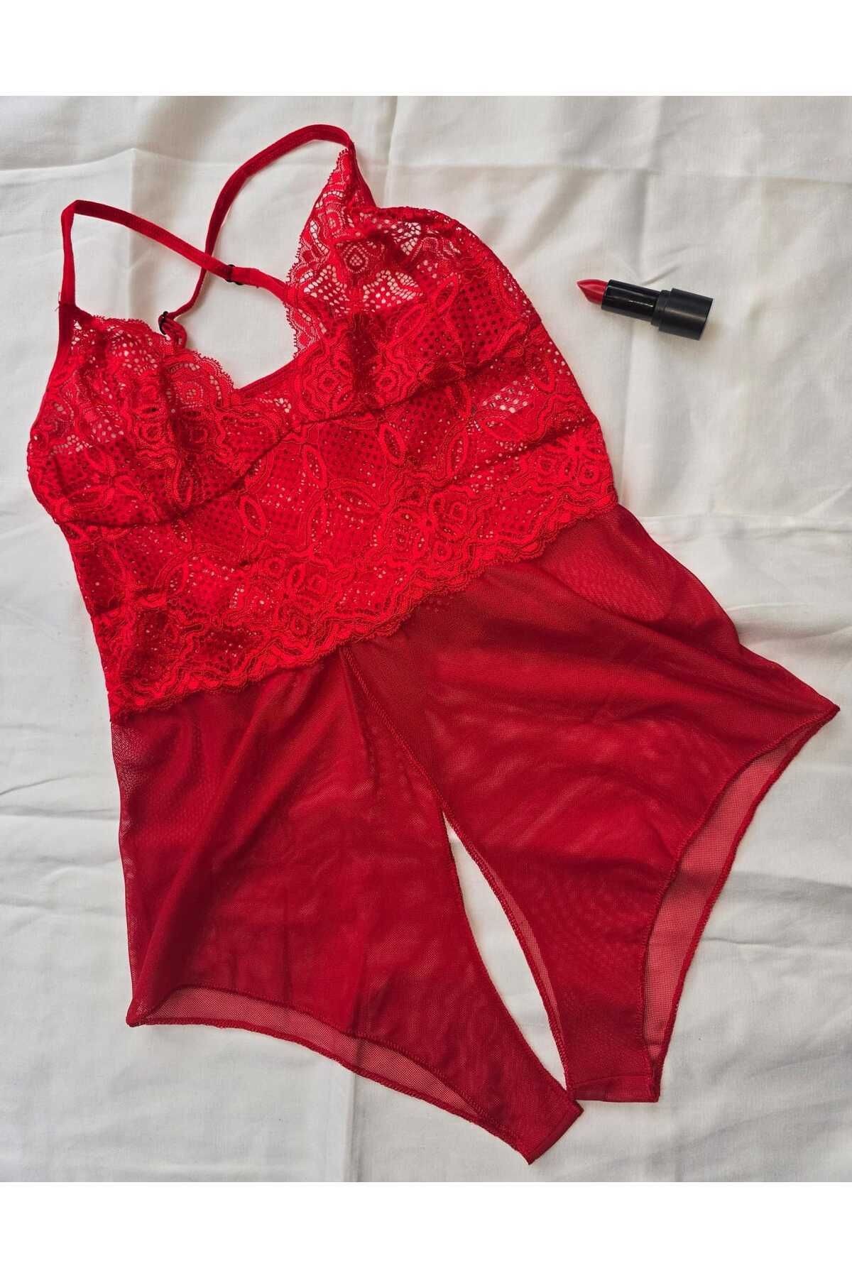 Kadın Kırmızı Özel Bölgesi Açık Fantezi Babydoll - Fantezi İç Giyim