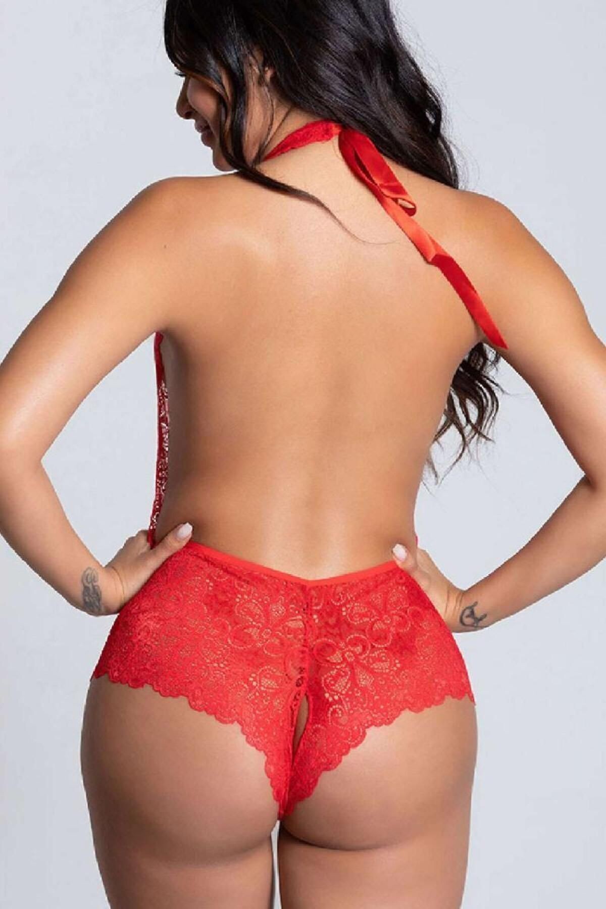 Kırmızı Özel Bölgesi Açık Fantezi Bodysuit - Çekici Ve Cesur Fantezi Iç Giyim