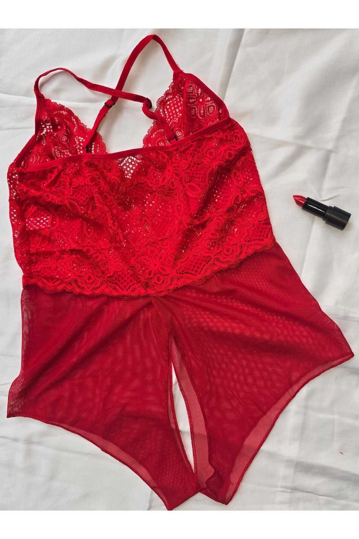 Kadın Kırmızı Özel Bölgesi Açık Fantezi Babydoll - Fantezi İç Giyim