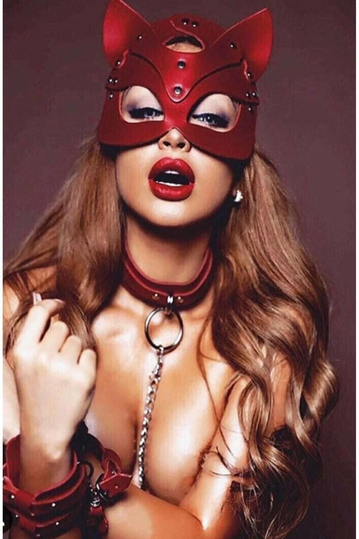 Kırmızı Maske Tasma Ve Bacak Kelepce Sexy Set