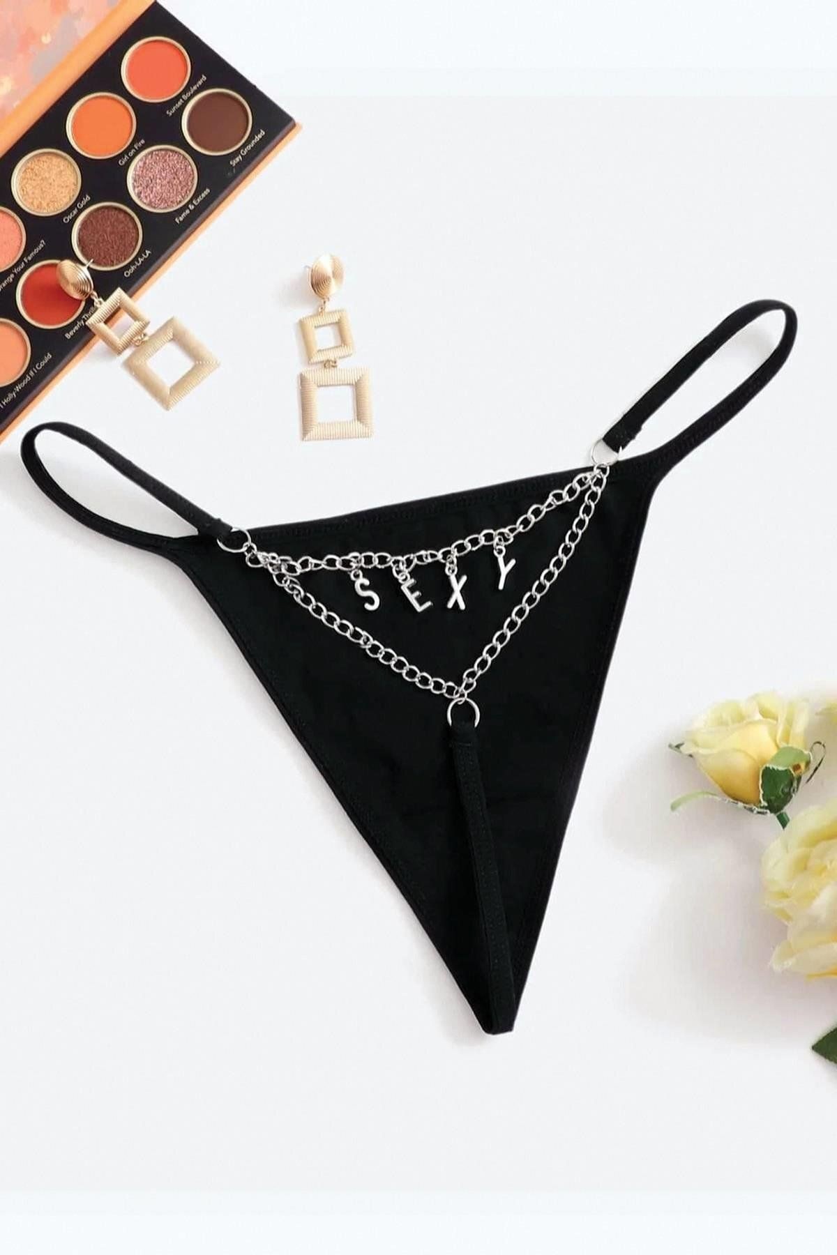 Arkası Sexy Yazılı Zincirli Fantezi Tanga Külot