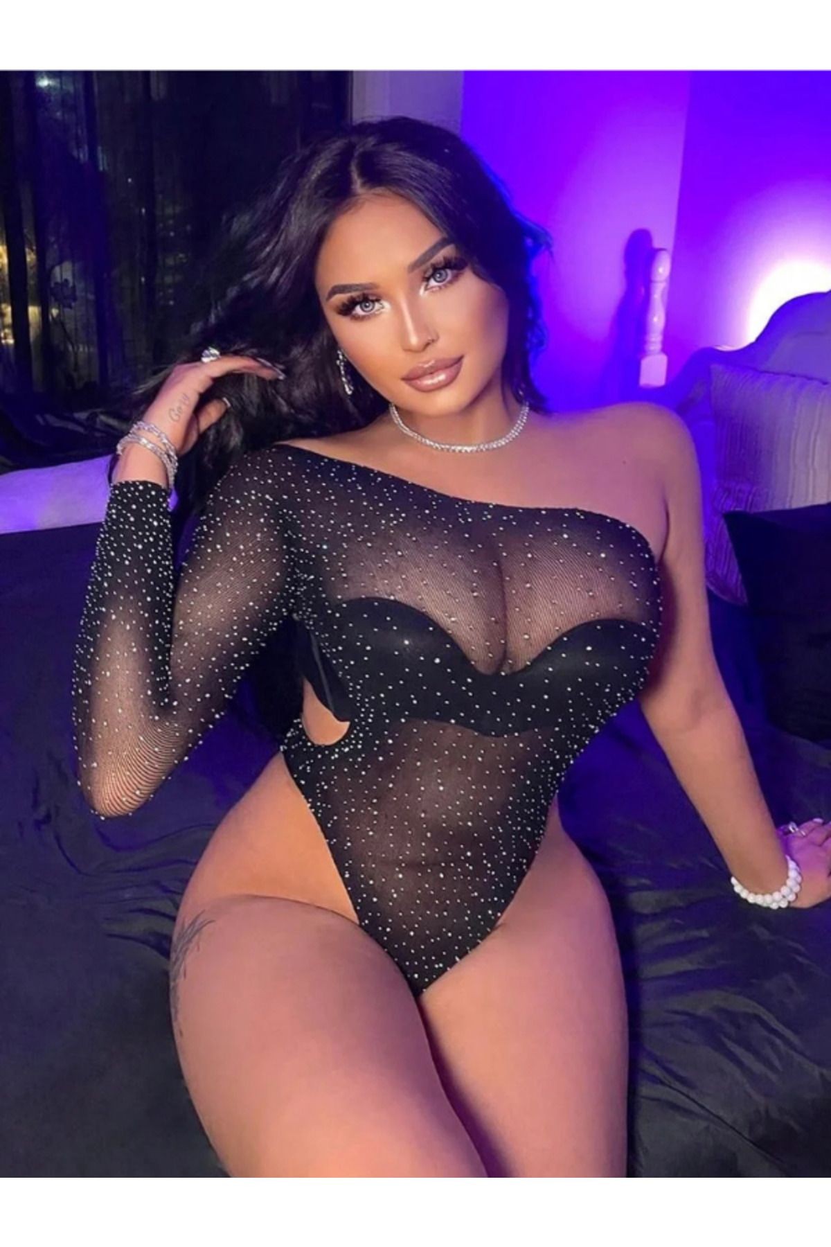 Kadın Taşlı Body Vücut Çorabı - Fantezi Body Tek Omuz
