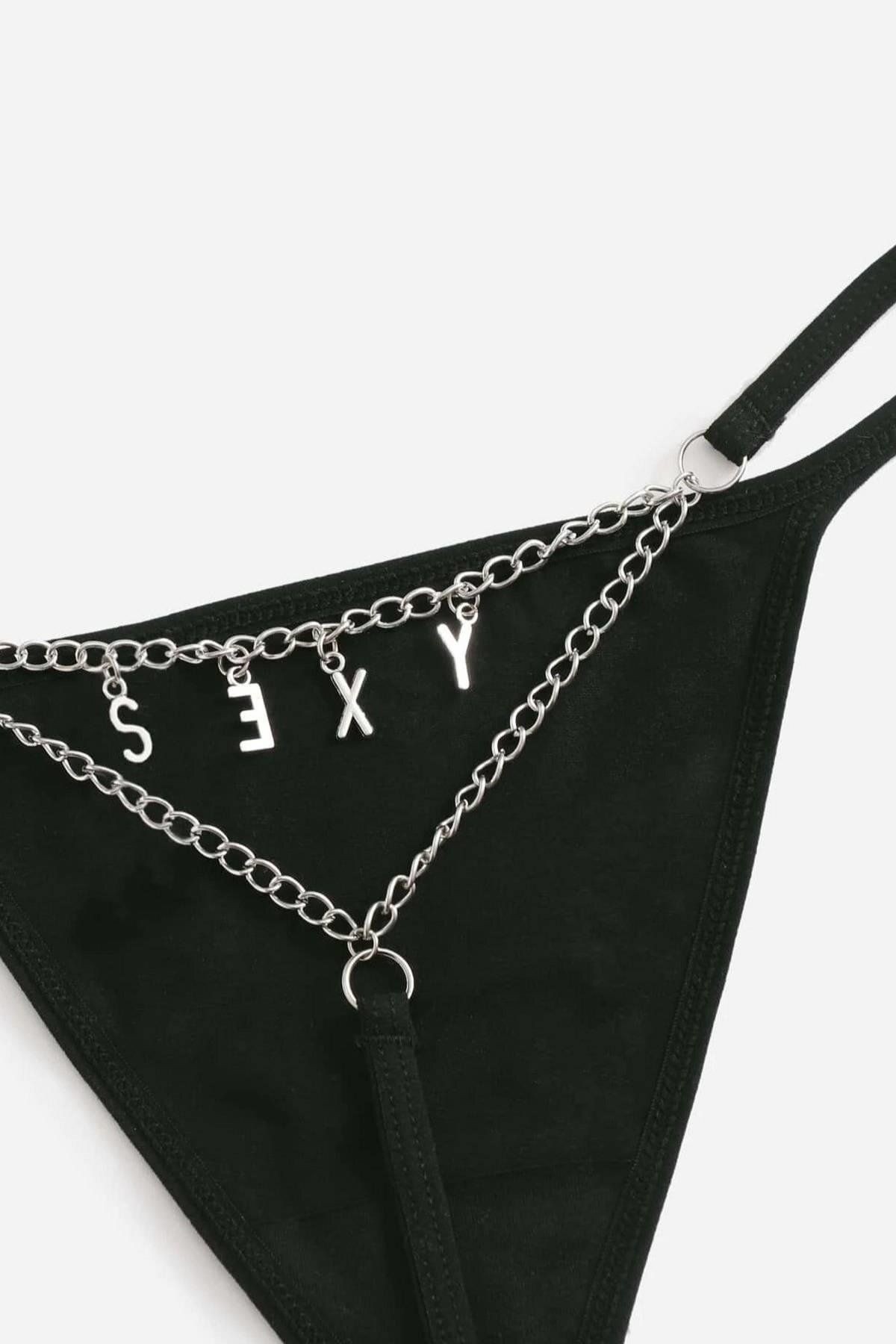 Arkası Sexy Yazılı Zincirli Fantezi Tanga Külot