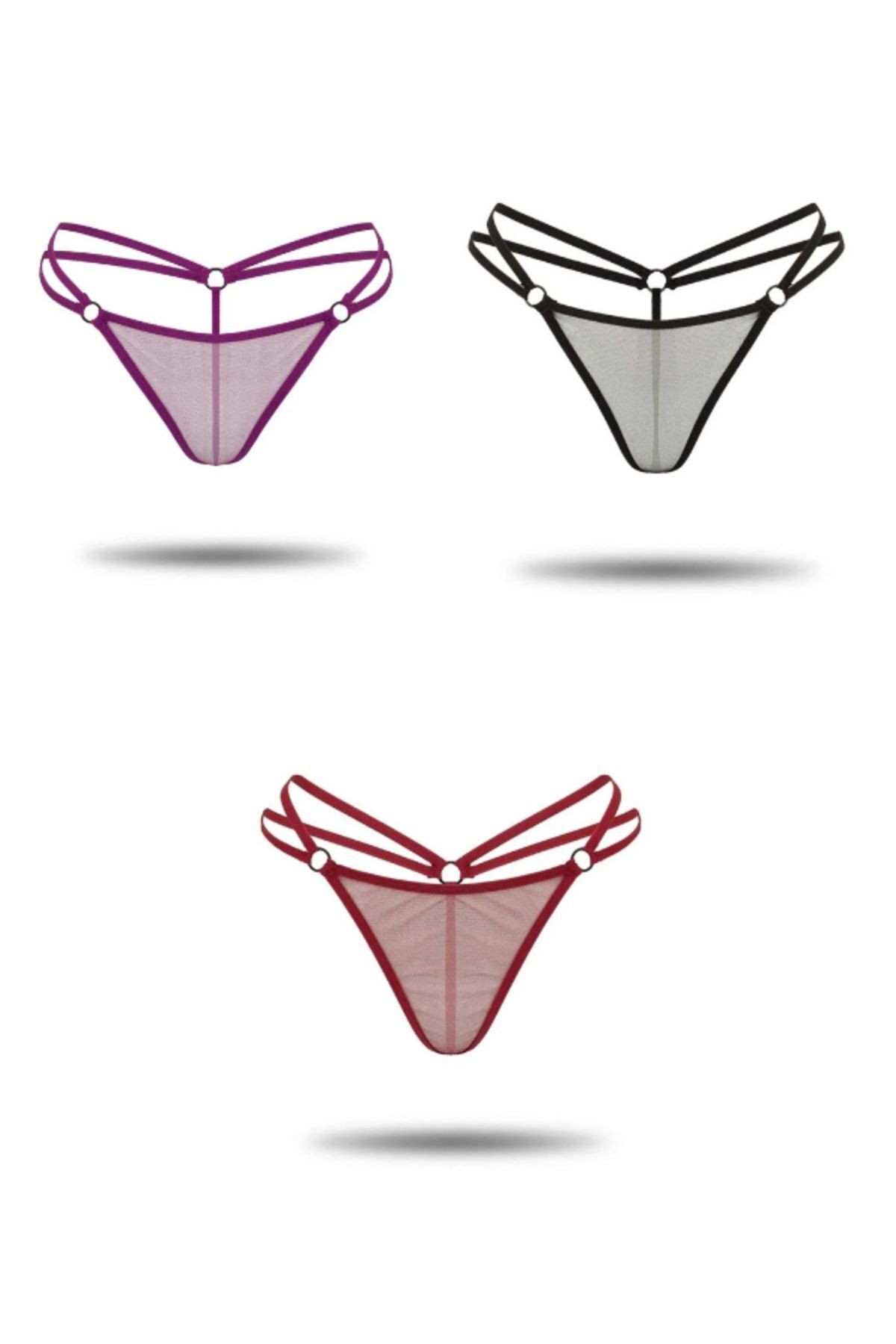 Kadın 3'lü Tül Tanga - Fantezi Külot Seksi String- Bordo/Mor/Siyah (L-XL)