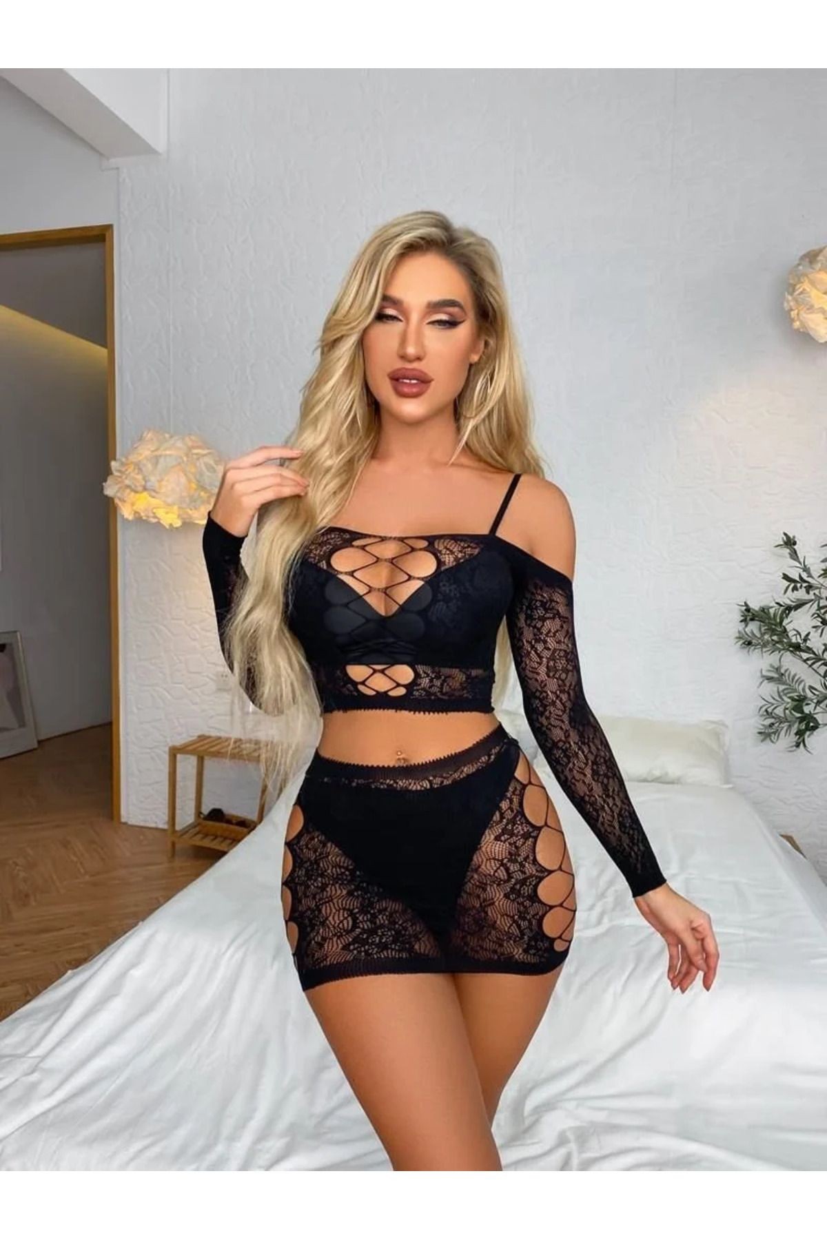 Kadın Fantezi Vücut Çorabı Mini Etekli - Seksi Fileli Gecelik 2'li Takım