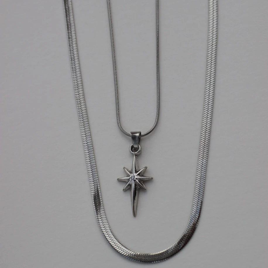 Minimal Kutup Yıldızı ve İtalyan Zincir Kolye Kombini, Çelik Zincirde Kolye