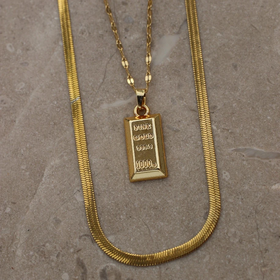 Külçe Altın Model Kolye ve Çelik İtalyan Zincir Kolye Kombin