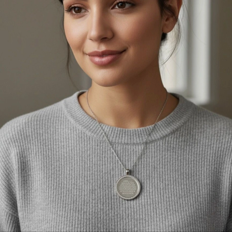 Ayetel Kürsi Kolye Silver Çelik Kararmaz Zirkon Taşlı Madalyon