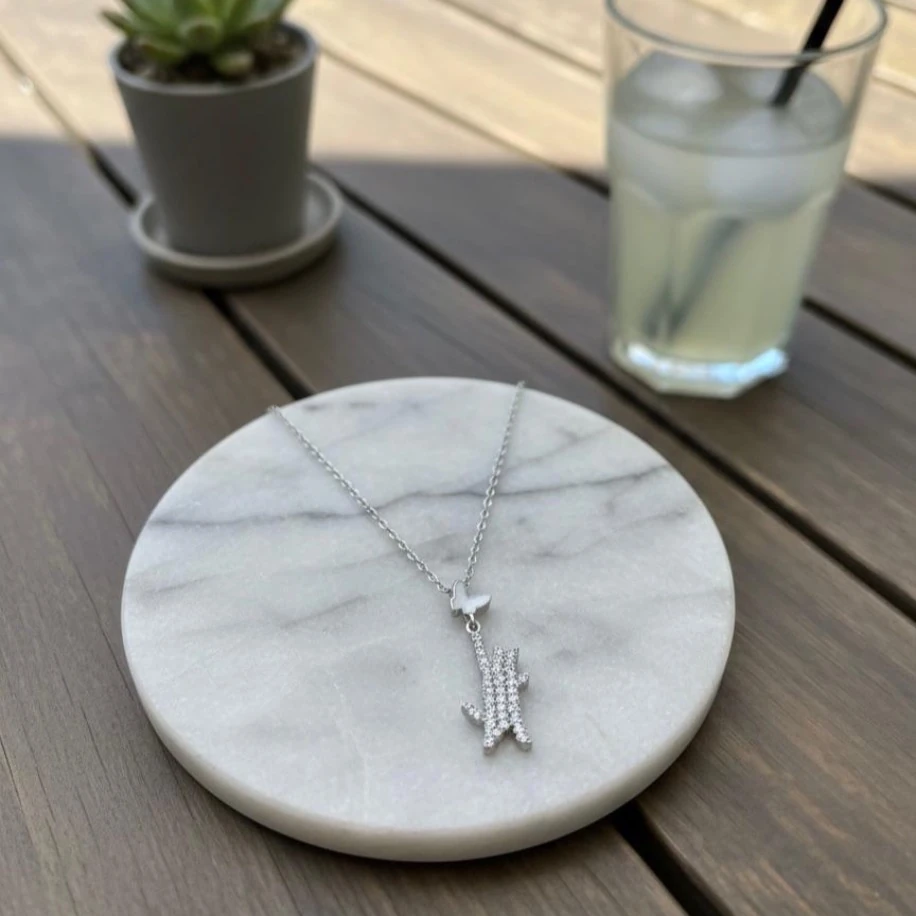 Full Taşlı Kedi Kolyesi Kelebek Detaylı Zirkon Çelik Kararmaz