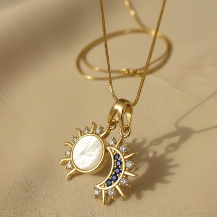 Güneş ve Ay Kolye Sedefli Çelik Kararmaz Yılan Zincirli Gold