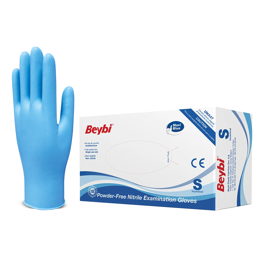 Powder-Free Blue Nitrile Examination Gloves - Box of 100