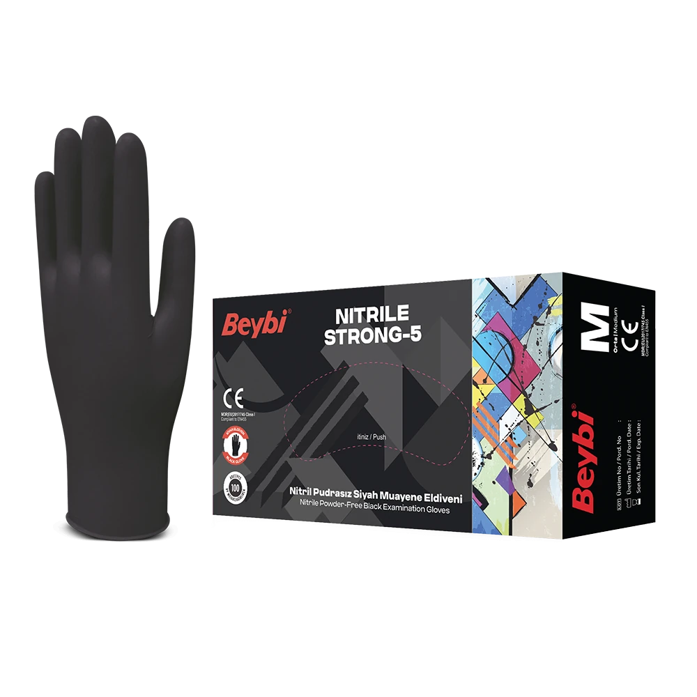 Strong-5 Powder-Free Black Nitrile Examination Gloves - Box of 100 image