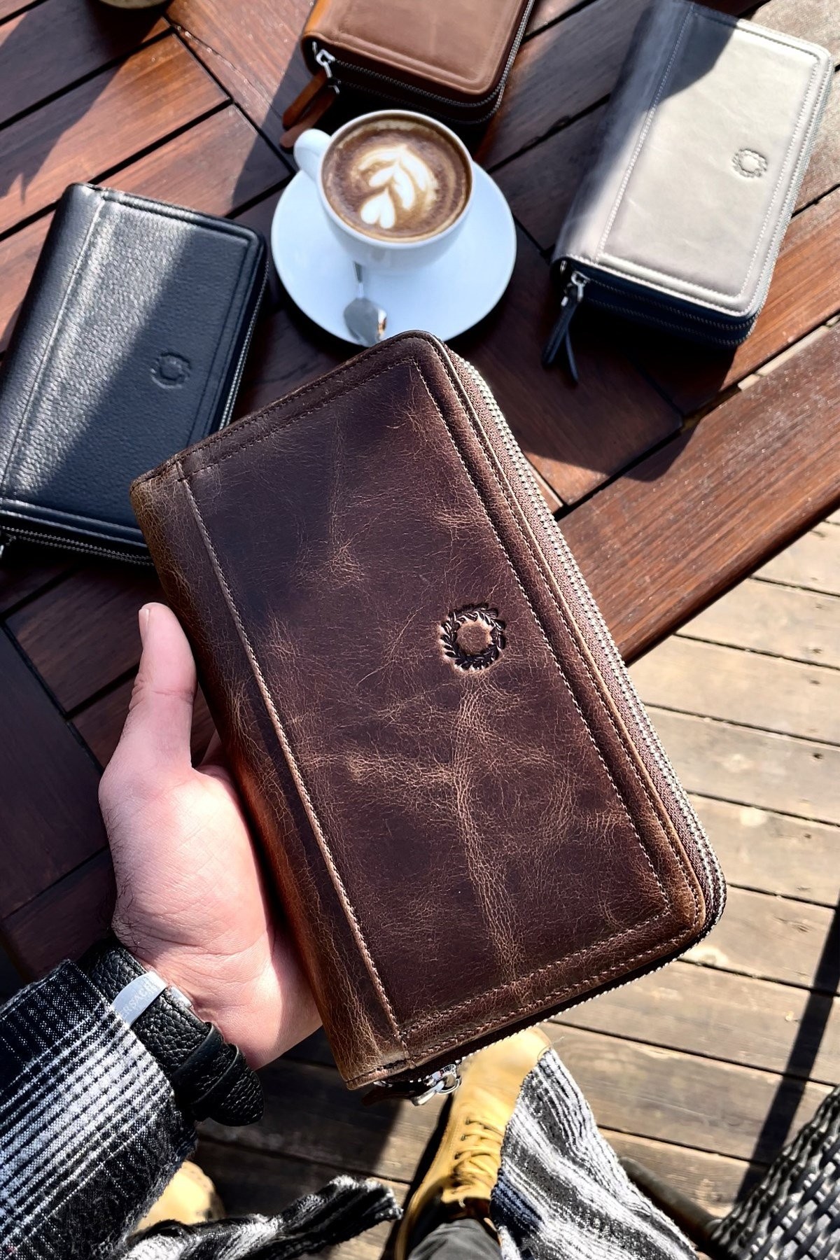 Unisex Antik Kahve Noti Telefon Cüzdanı El Çantası