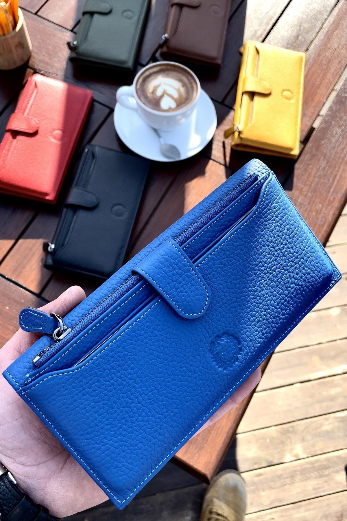 Peony Blue Hakiki Deri Telefon Cüzdanı Kartlık Hediyeli