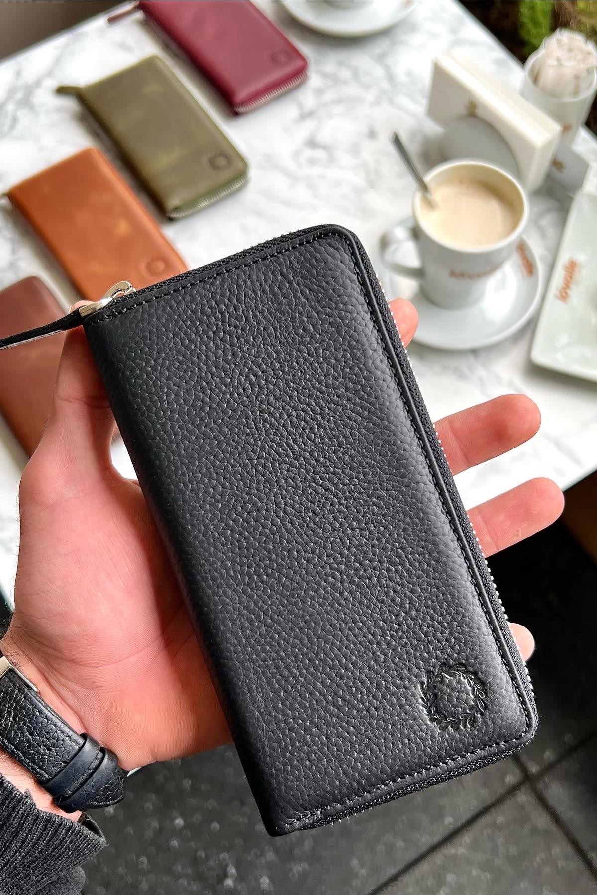 Leo Black Hakiki Deri Telefon Bölmeli Cüzdan