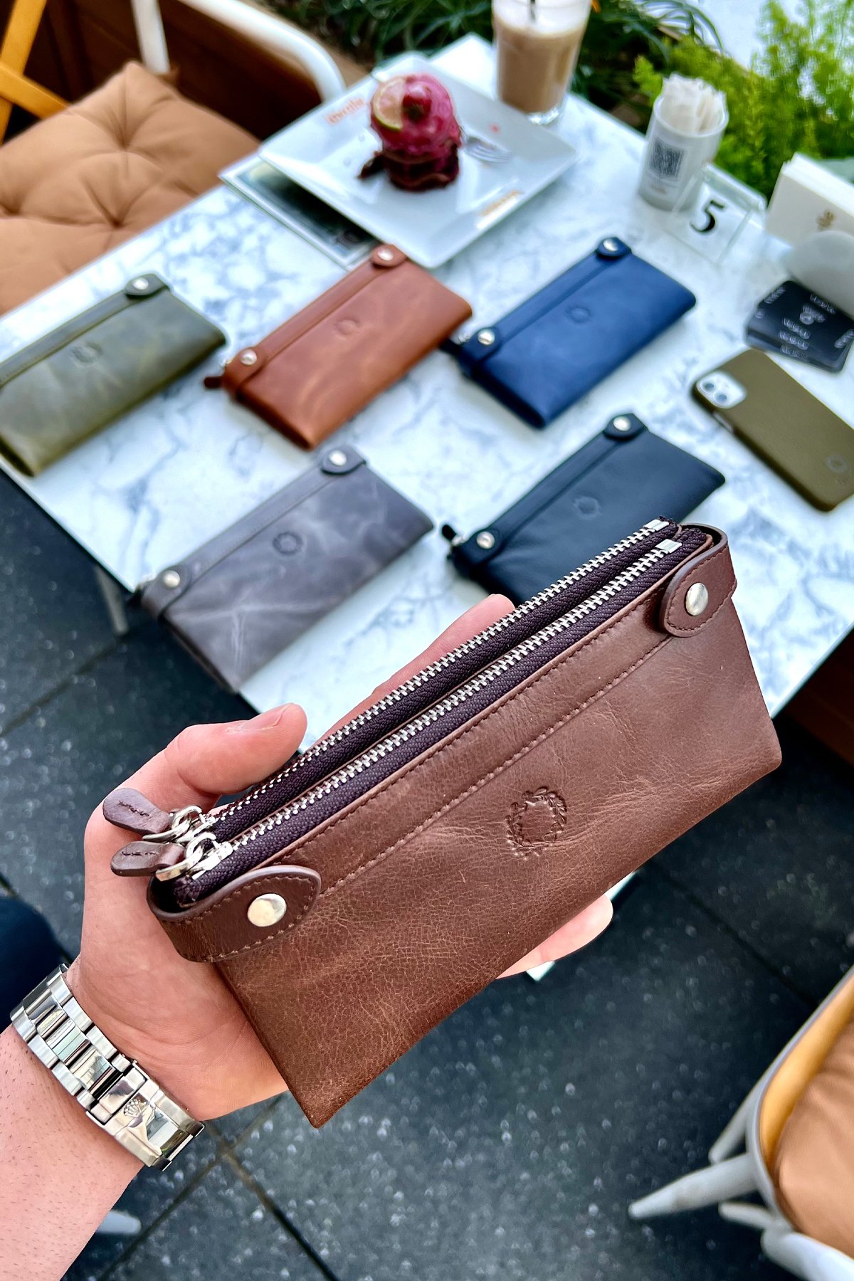 Unisex Antik Kahve Çift Fermuarlı Hakiki Deri El Cüzdanı