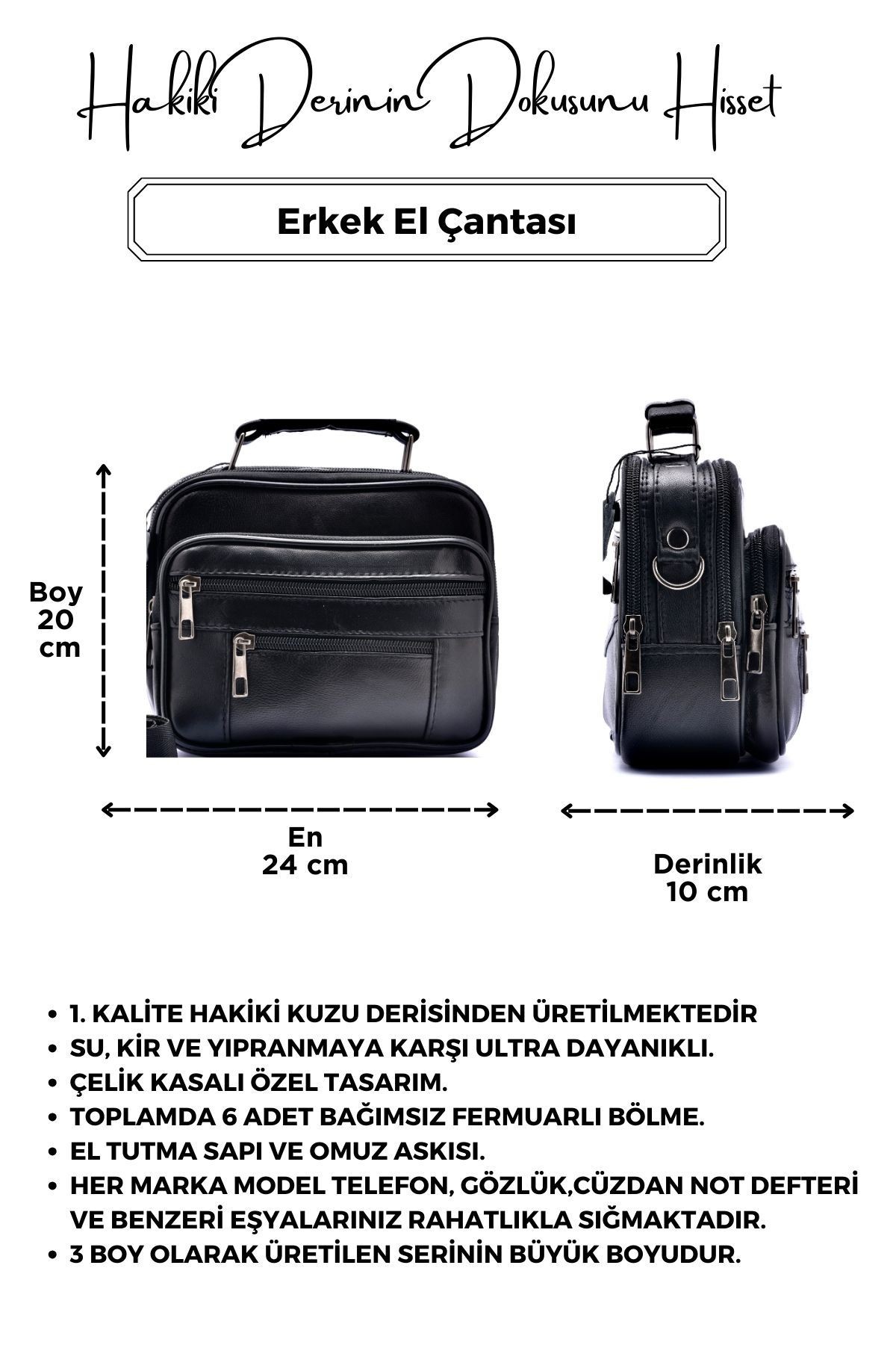 Erkek Siyah Yatay Model Çelik Kasalı Hakiki Deri El Ve Omuz Çantası Büyük Boy 