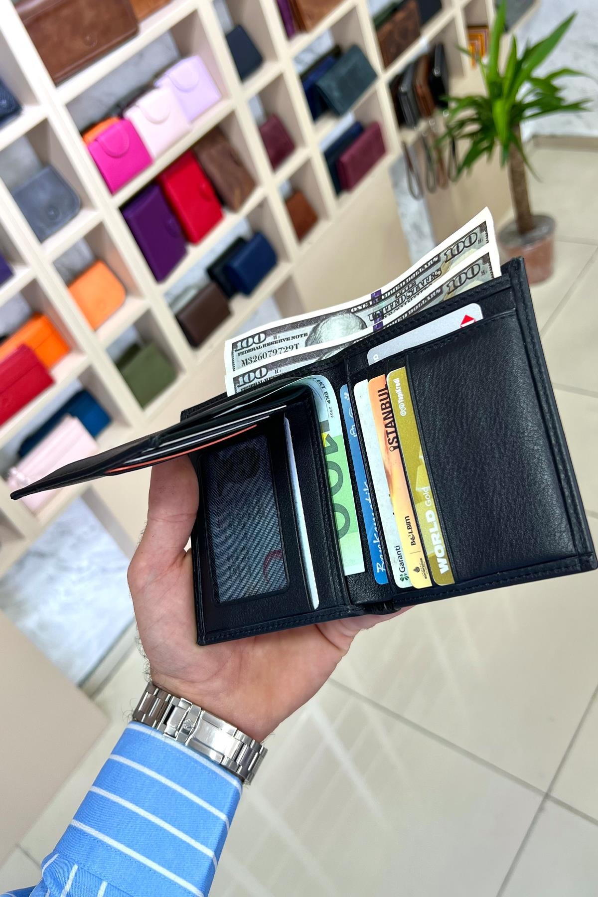 Masjen Siyah Erkek Hakiki Deri Dikey Kibar Model Cüzdan