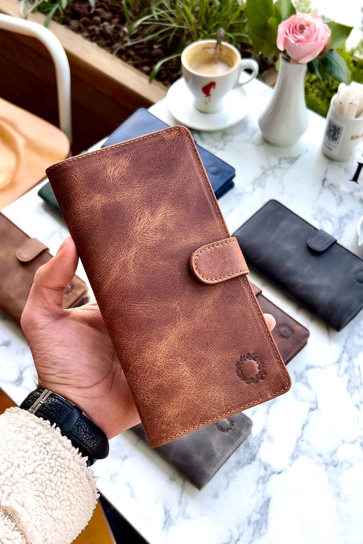 Lotus Vintage Taba Hakiki Deri Telefon Gözlü Cüzdan Unisex