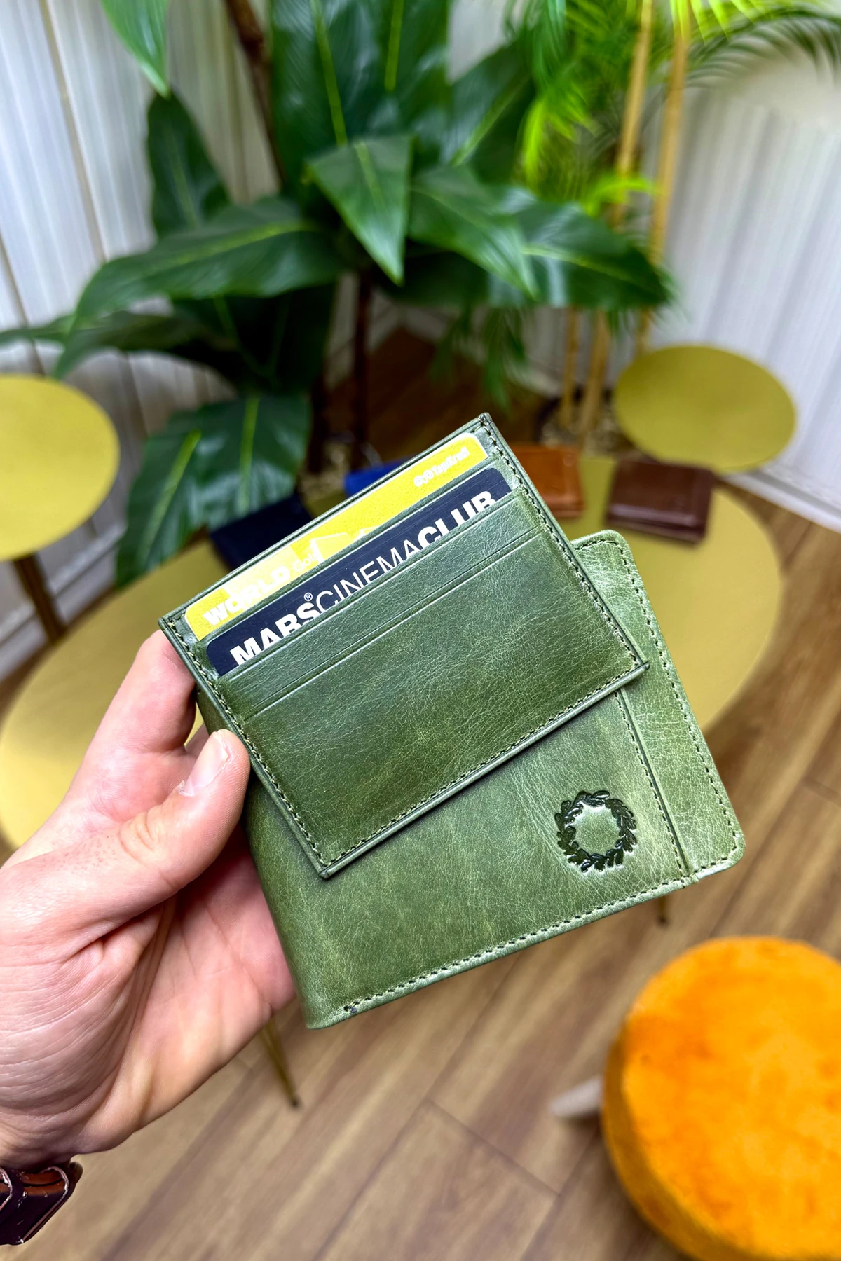 M.UTD Antik Yeşil Hakiki Deri Kartlık Hediyeli Cüzdan - Kişiye Özel İsim Baskılı