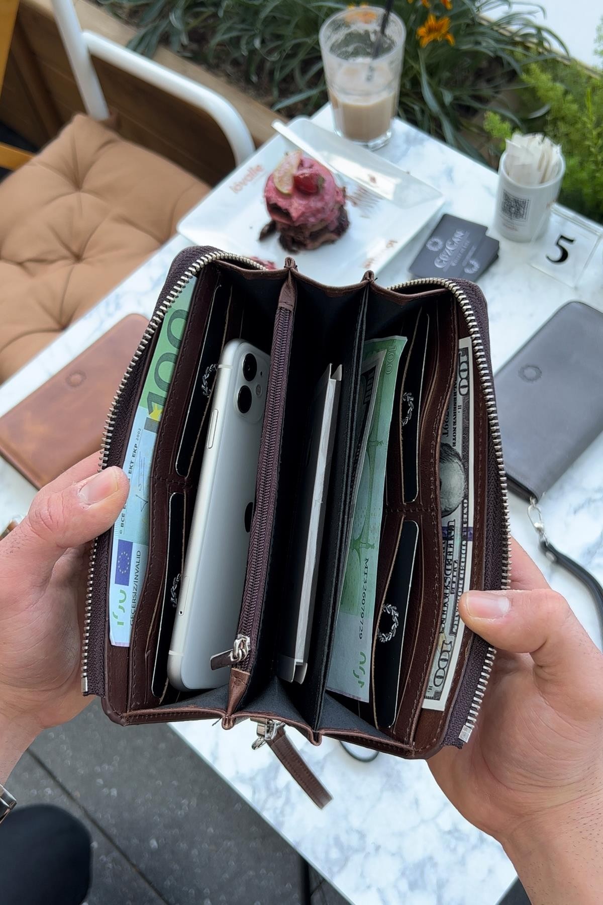 Swany Antik Kahve Hakiki Deri Tek Fermuarlı Telefon Cüzdanı El Çantası