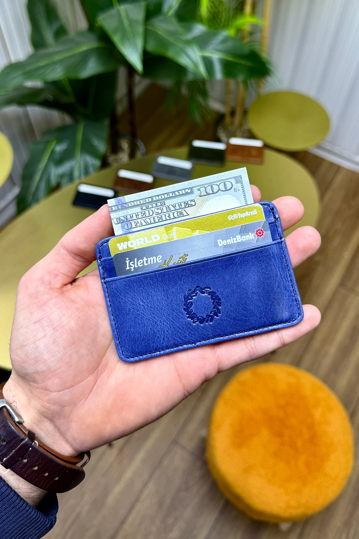 Unisex Antik Lacivert Mini Design Hakiki Deri Kartlık Cüzdan