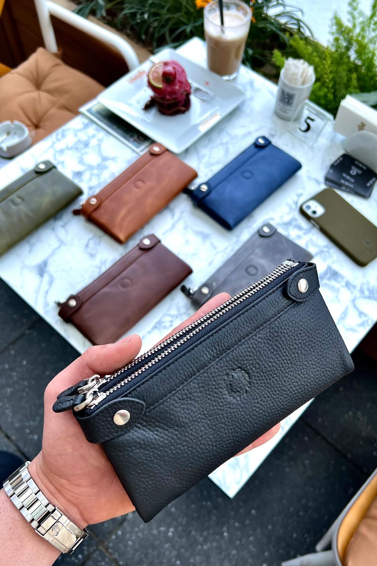 Unisex Siyah Çift Fermuarlı Hakiki Deri El Cüzdanı