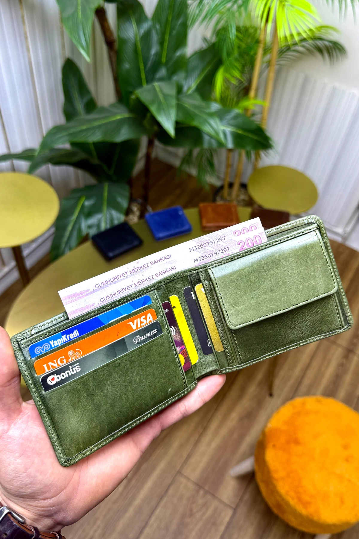 M.UTD Antik Yeşil Hakiki Deri Kartlık Hediyeli Cüzdan - Kişiye Özel İsim Baskılı