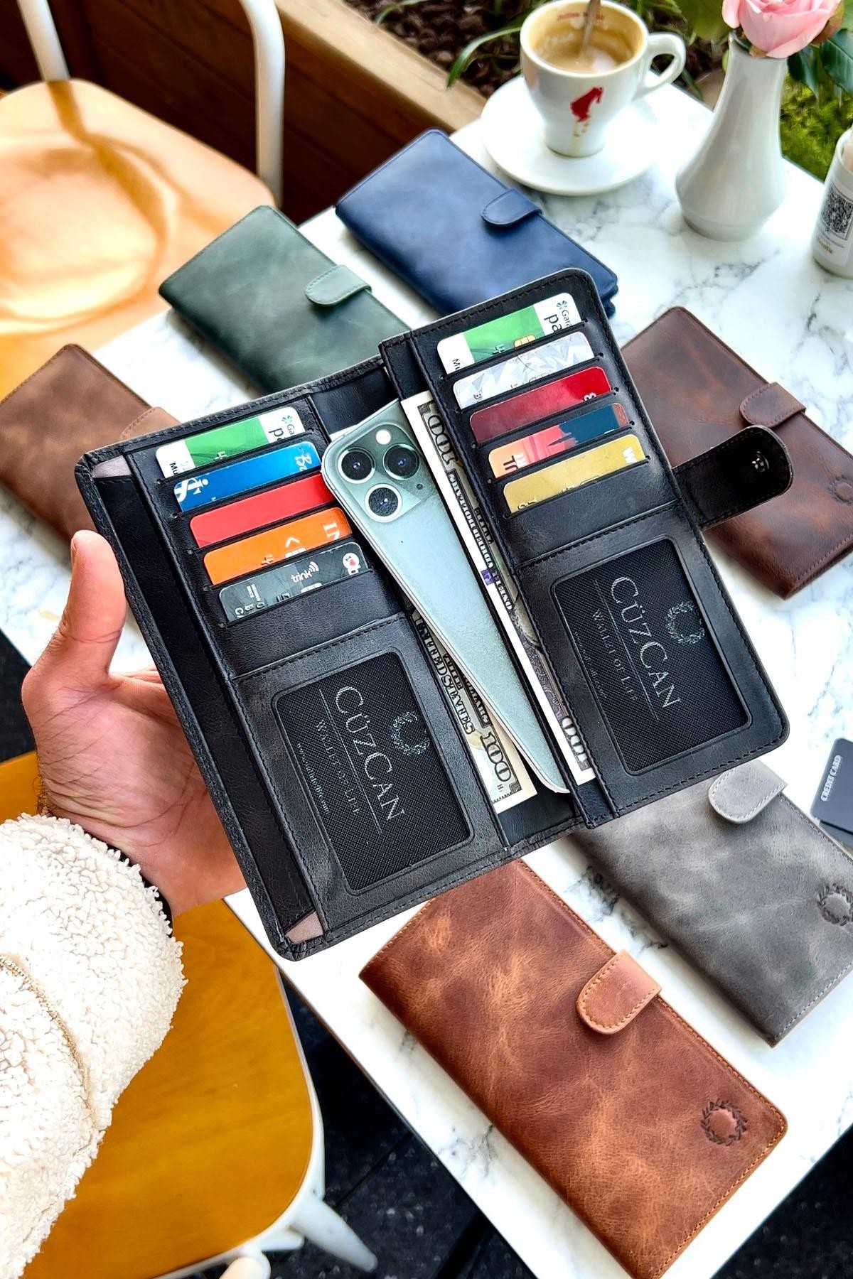 Lotus Vintage Siyah Hakiki Deri Telefon Gözlü Cüzdan Unisex