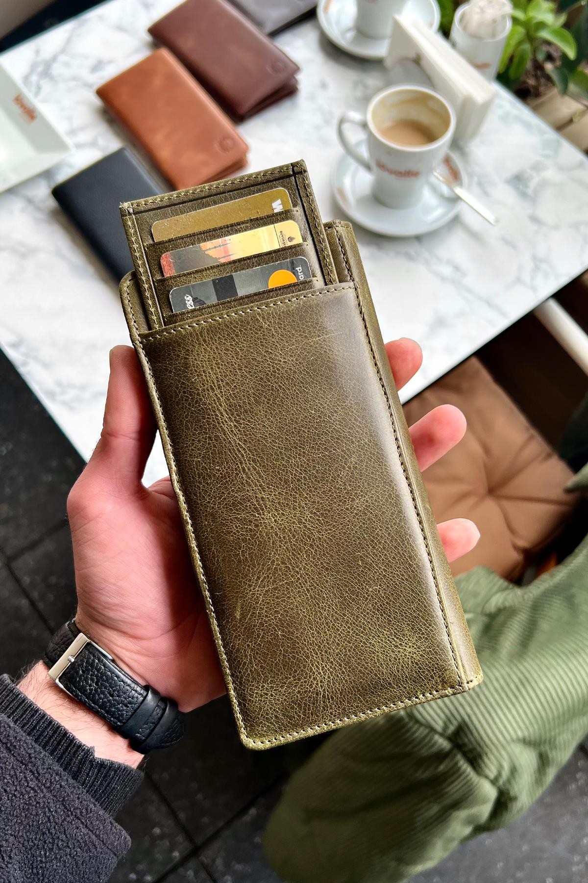 Piarde Antik Yeşil Hakiki Deri Kartlık Hediyeli Telefon Cüzdanı