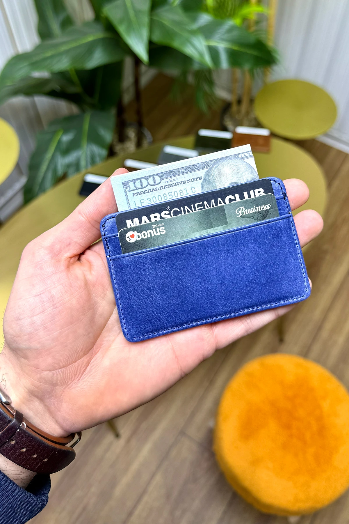 Unisex Antik Lacivert Mini Design Hakiki Deri Kartlık Cüzdan