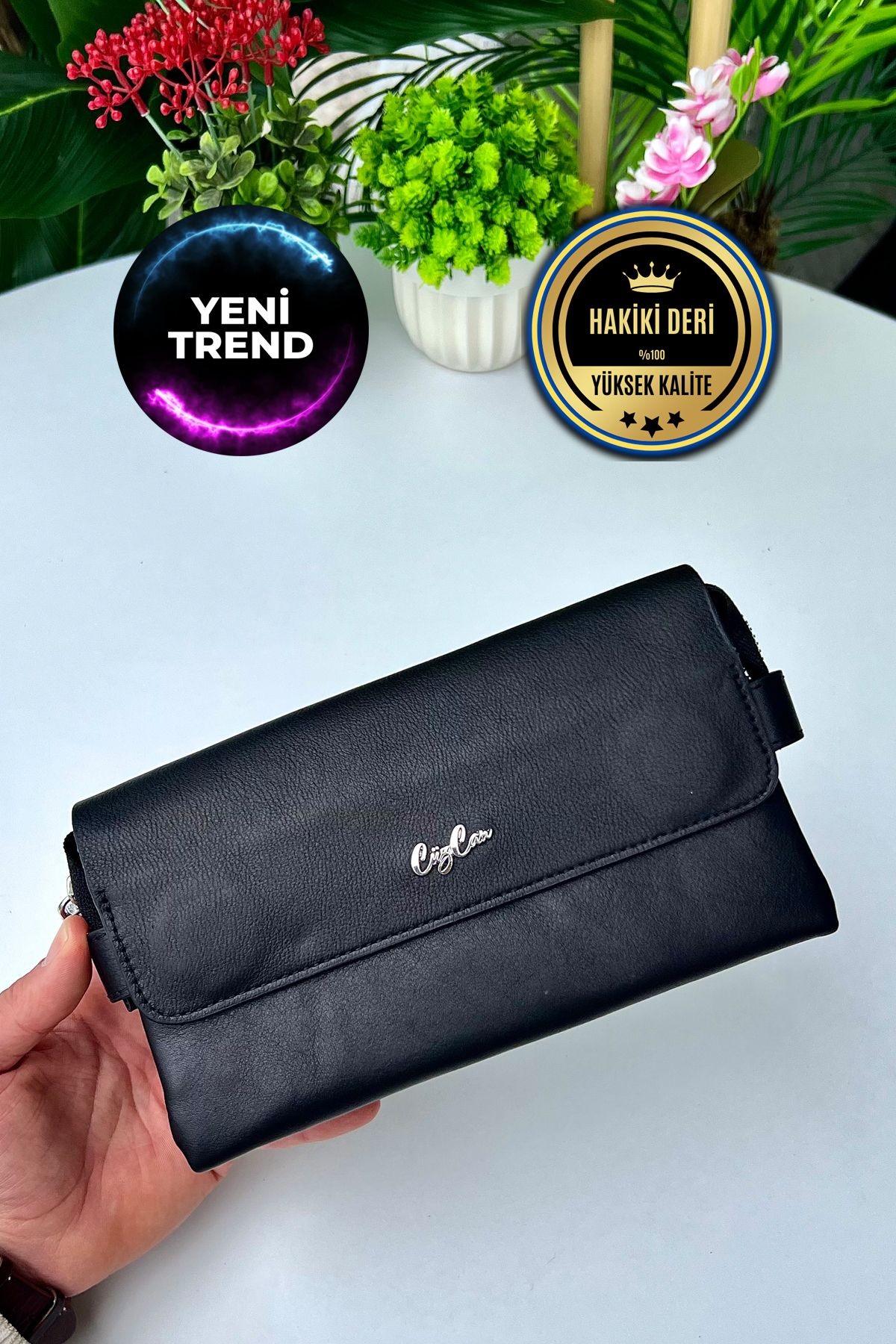 BOSS Hakiki Deri Mıknatıslı Erkek El Çantası - siyah