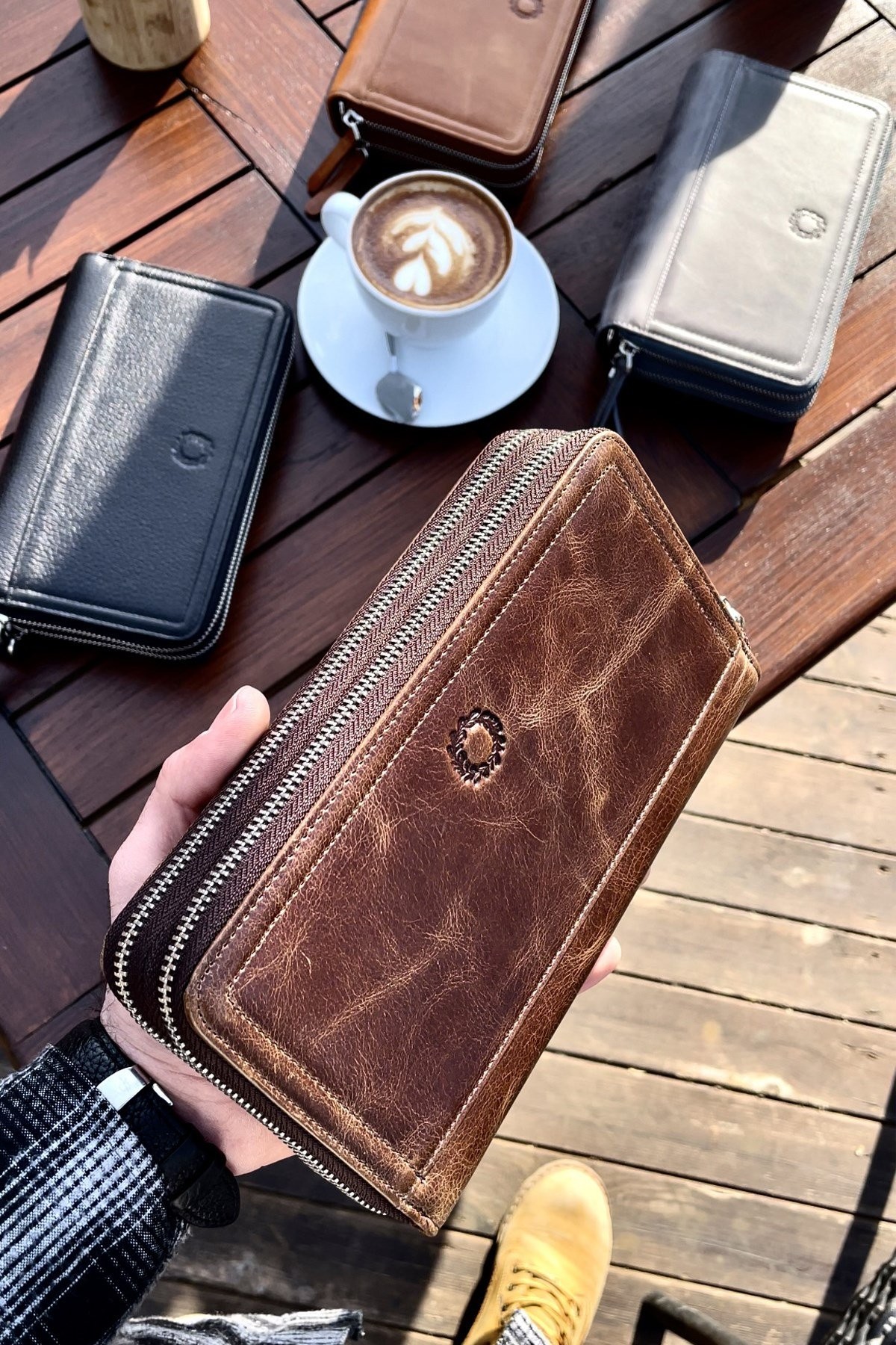 Unisex Antik Kahve Noti Telefon Cüzdanı El Çantası