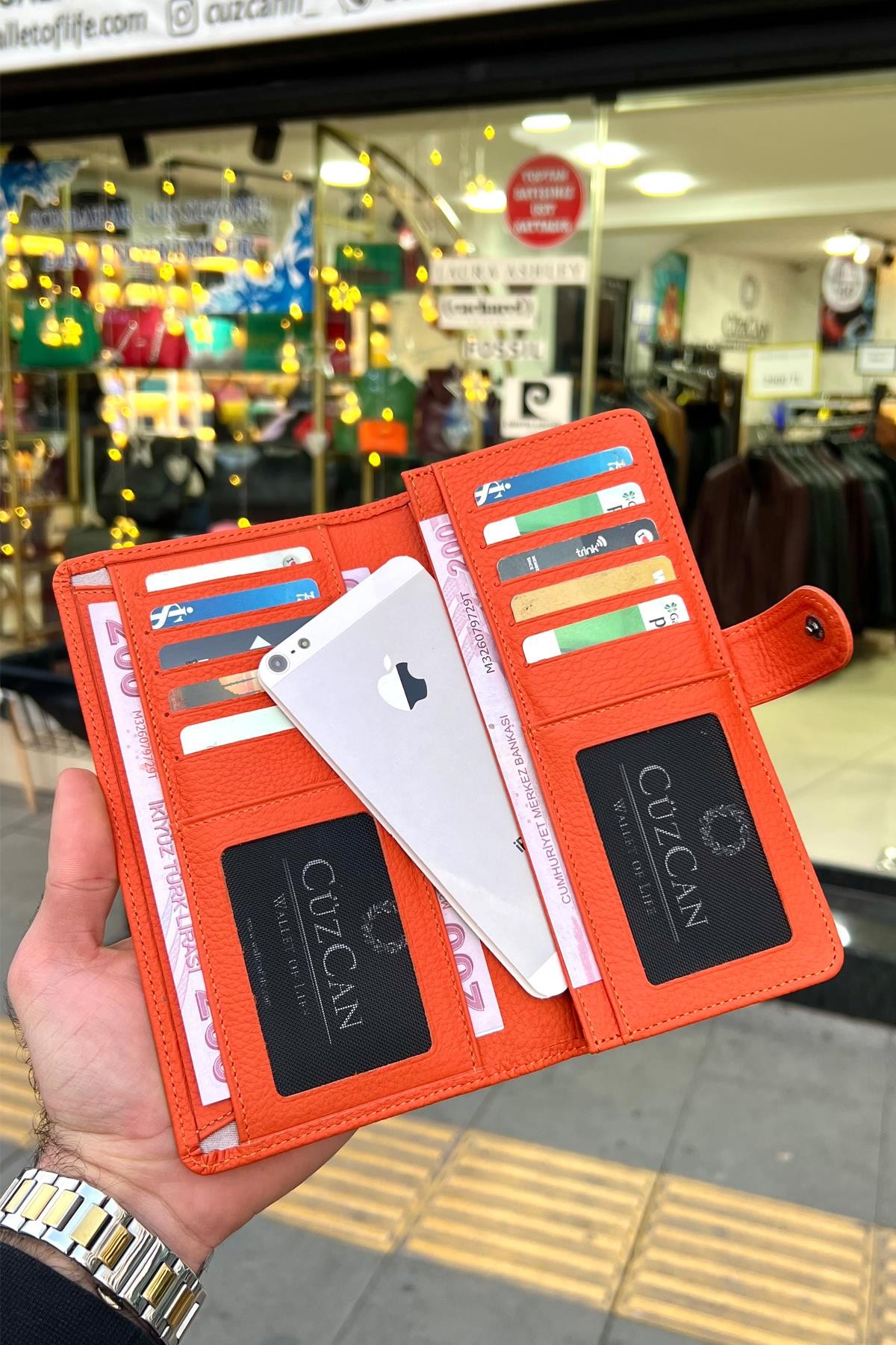 Creen Turuncu Unisex Hakiki Deri Bozuk Para Bölmeli Telefon Gözlü Cüzdan (ERKEK-KADIN)