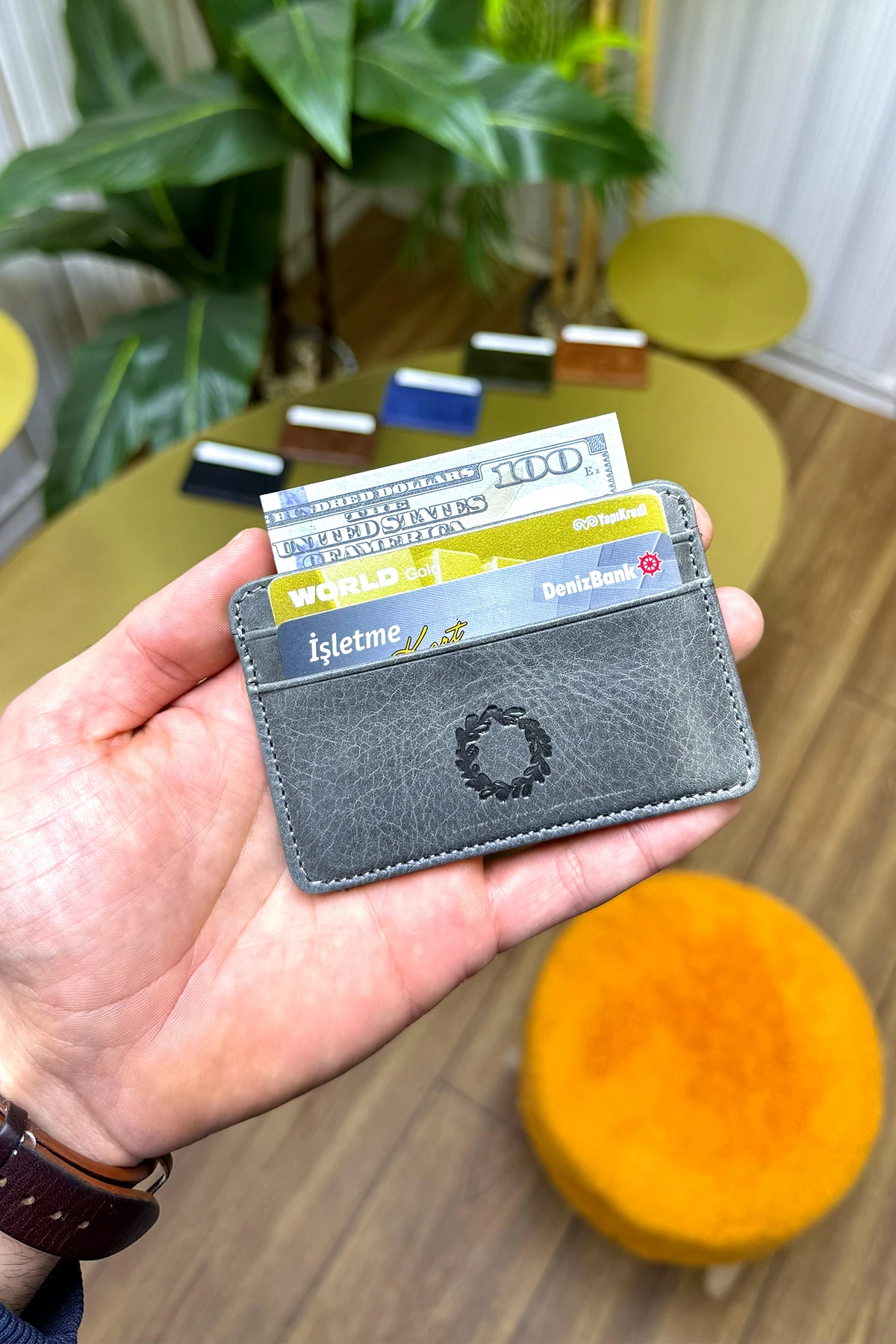 Unisex Antrasit Gri Mini Design Hakiki Deri Kartlık Cüzdan