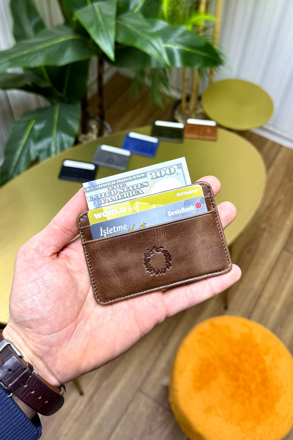 Unisex Antik Kahve Mini Design Hakiki Deri Kartlık